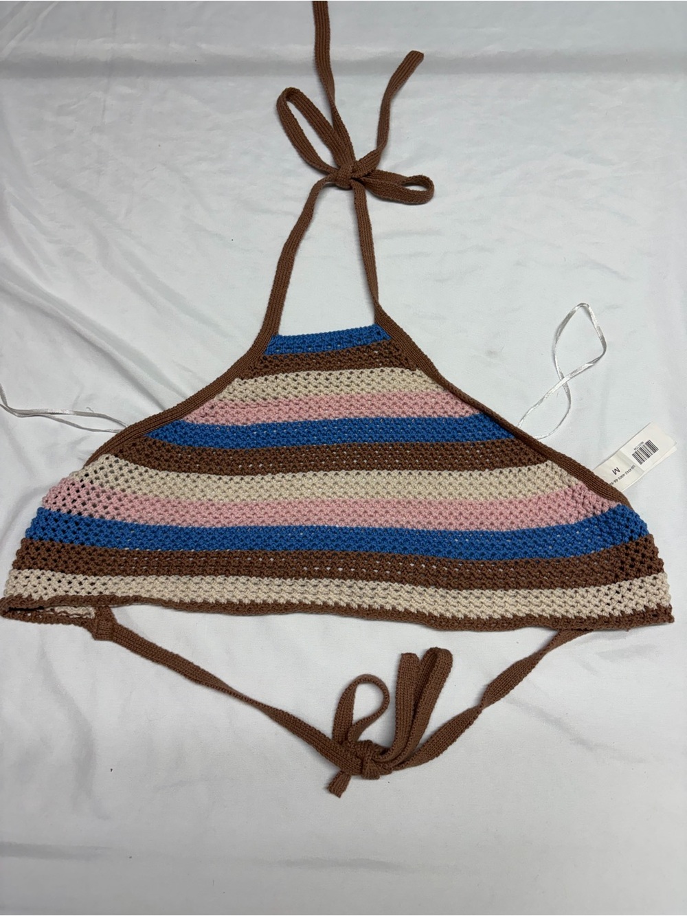 Streetwear Society Striped Crochet Halter Crop Top - Brown, Blue, Pink, Cream